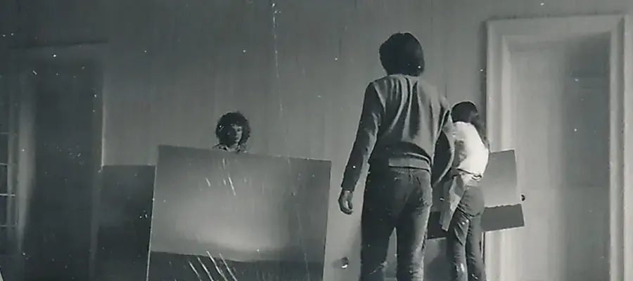 Paintings by Gerhard Richter being moved by student assistants in preparation for Strategy: Get Arts. Photo