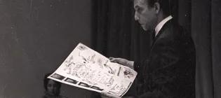 Daniel Spoerri reading from his menu for The Banana Trap Dinner in C.26, the old Boardroom of ECA (23 August 1970). Photo