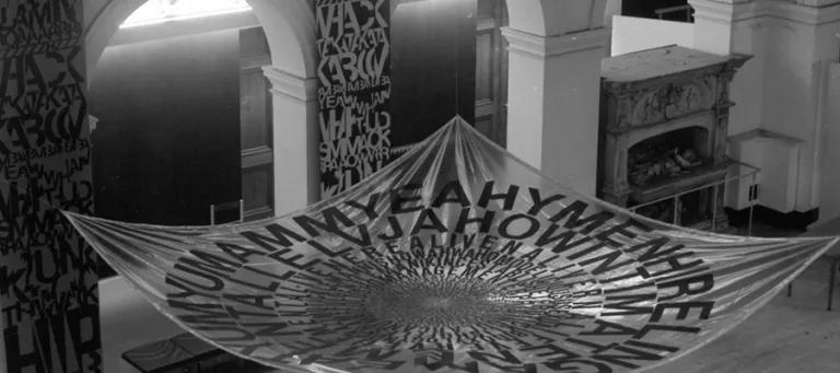 Installation of visual text works by Ferdinand Kriwet in ECA's Sculpture Court for Strategy: Get Arts (1970). Photo