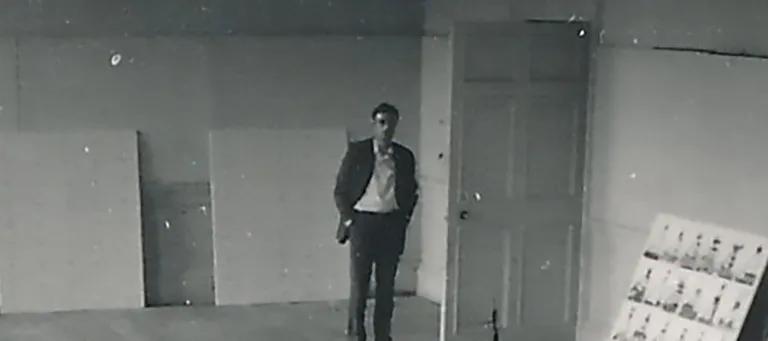 Student helpers and Düsseldorf SGA curator Jürgen Harten in front of Sigmar Polke’s paintings Solutions I-IV (1969). Photo