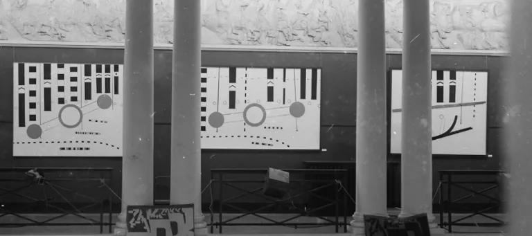 Peter Brüning’s Diversion paintings on north corridor, as seen across the Sculpture Court, with Ferdinand Kriwet’s banners