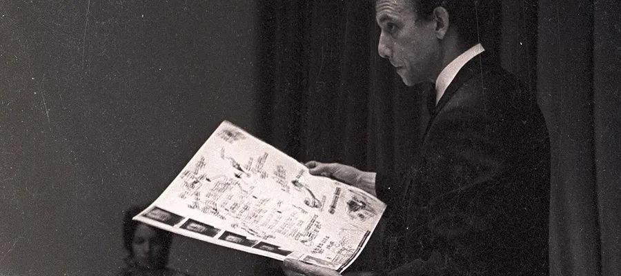 Daniel Spoerri reading from his menu for The Banana Trap Dinner in C.26, the old Boardroom of ECA (23 August 1970). Photo
