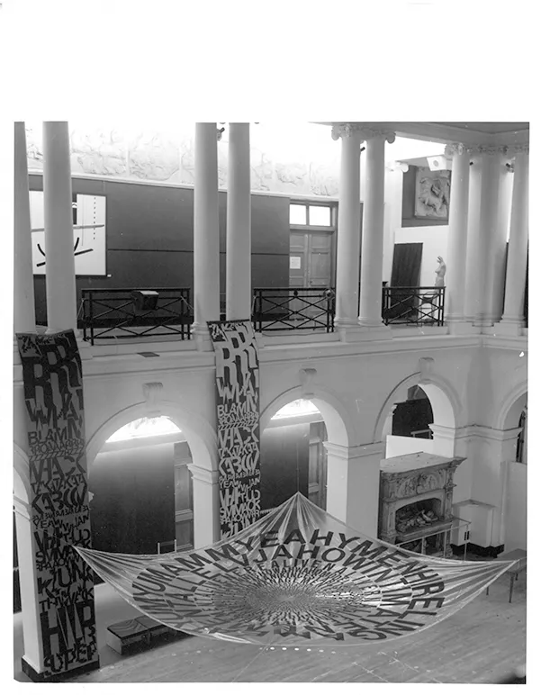 Installation of visual text works by Ferdinand Kriwet in Edinburgh College of Art's Sculpture Court for Strategy: Get Arts