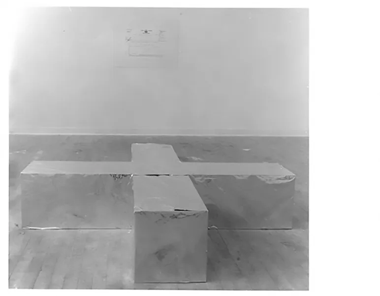 Heinz Mack’s aluminium foil cross sculpture and telegram ‘Make my Absence Positive’ (1970) in studio C.04. Photo