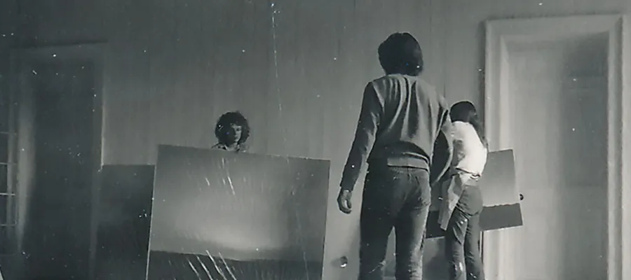 Paintings by Gerhard Richter being moved by student assistants in preparation for Strategy: Get Arts. Photo