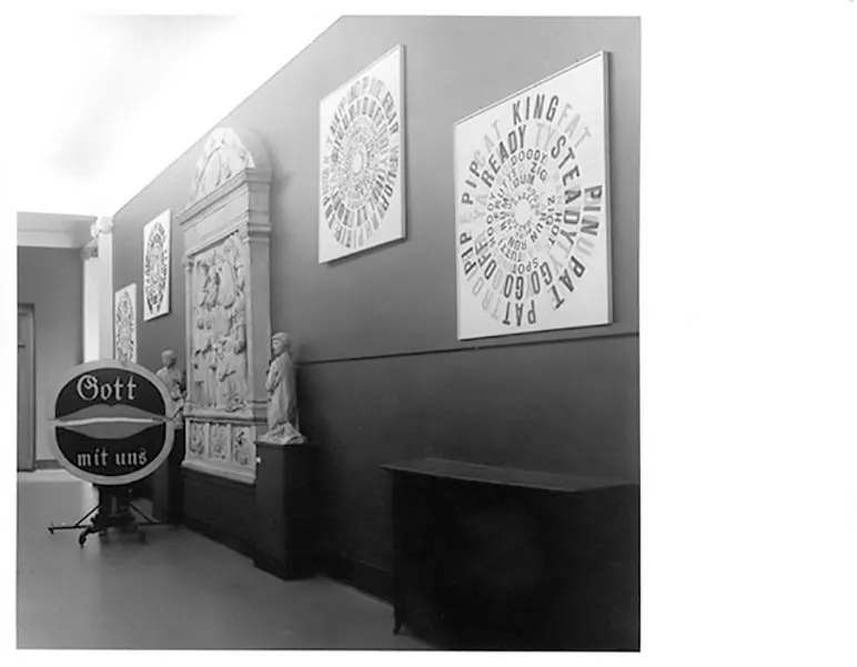 Hans Alvermann’s assemblage Homage to Goldwater - Gott mit uns (1964) and concentric text works by Ferdinand Kriwet. Photo