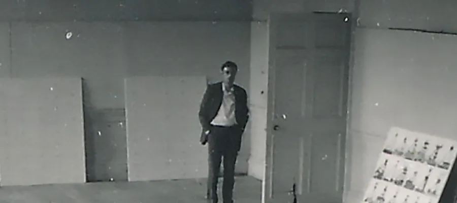 Student helpers and Düsseldorf SGA curator Jürgen Harten in front of Sigmar Polke’s paintings Solutions I-IV (1969). Photo