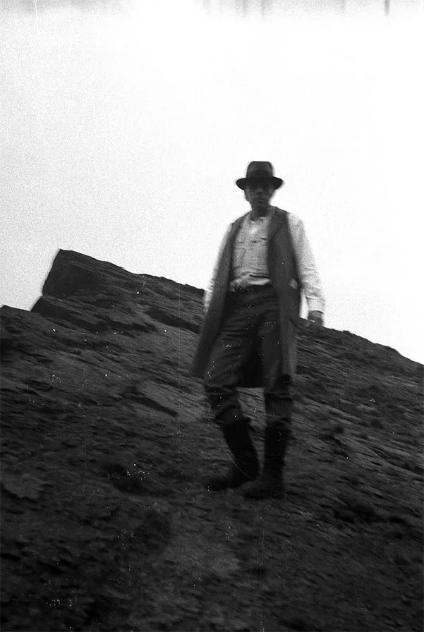 Joseph Beuys on Salisbury Crags, Holyrood Park, Edinburgh, on 7 May 1970. Photo 
