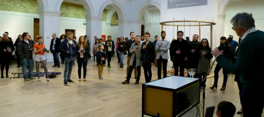 Audience gathered in the Sculpture Gallery for the Confessional Art Exhibition.