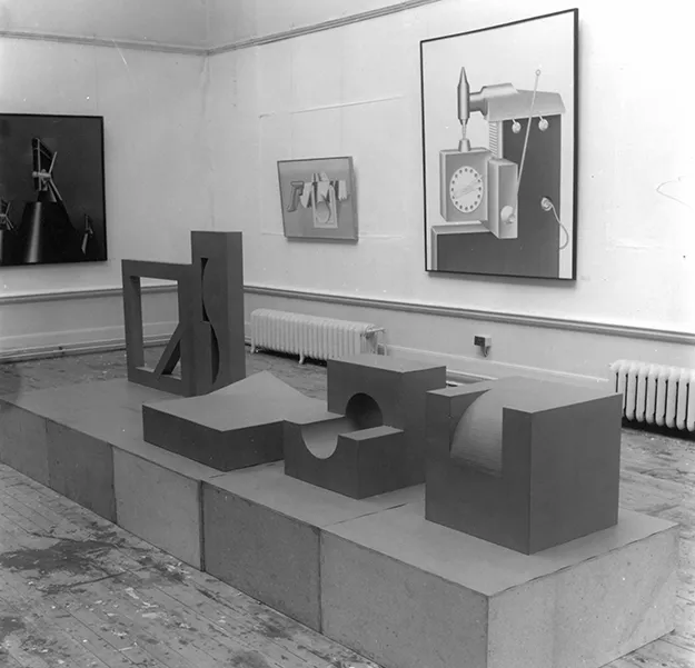 Konrad Klapheck paintings on walls of an ECA studio with Erwin Heerich’s construction in the foreground (SGA 1970). Photo