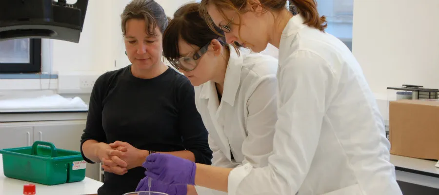 Students in a laboratory on the MPhil Programme for Textile Conservation, University of Glasgow.