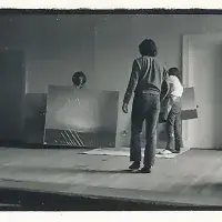 Paintings by Gerhard Richter being moved by student assistants in preparation for Strategy: Get Arts. Photo