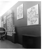 Hans Alvermann’s assemblage Homage to Goldwater - Gott mit uns (1964) and concentric text works by Ferdinand Kriwet. Photo