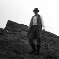Joseph Beuys on Salisbury Crags, Holyrood Park, Edinburgh, on 7 May 1970. Photo 