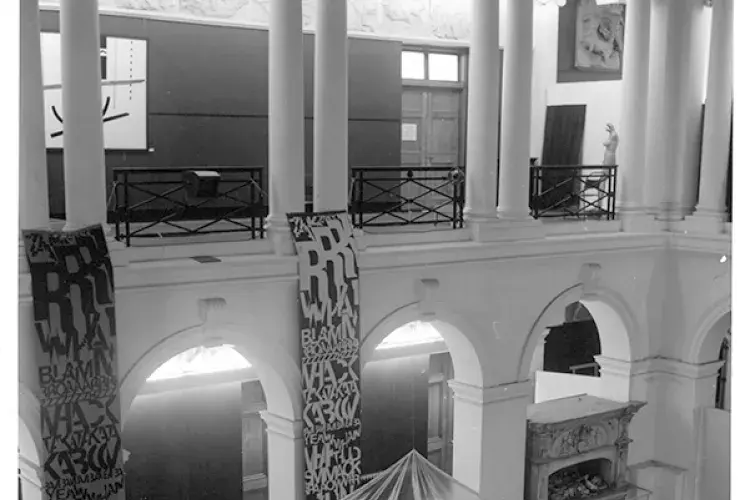 Installation of visual text works by Ferdinand Kriwet in Edinburgh College of Art's Sculpture Court for Strategy: Get Arts