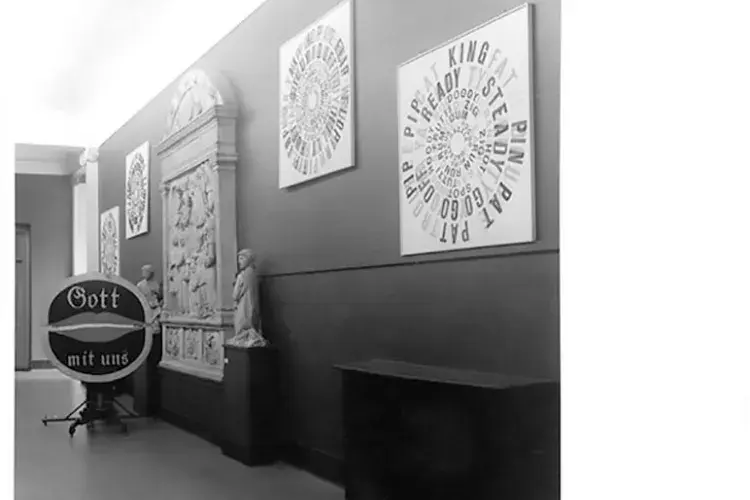 Hans Alvermann’s assemblage Homage to Goldwater - Gott mit uns (1964) and concentric text works by Ferdinand Kriwet. Photo