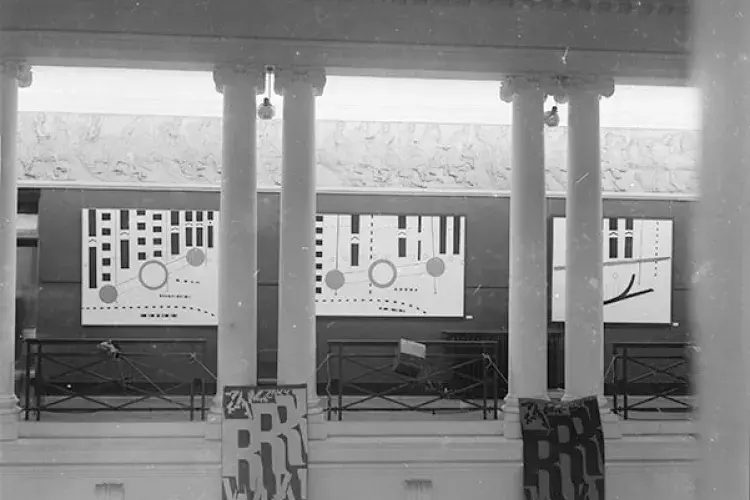 Peter Brüning’s Diversion paintings on north corridor, as seen across the Sculpture Court. Photo