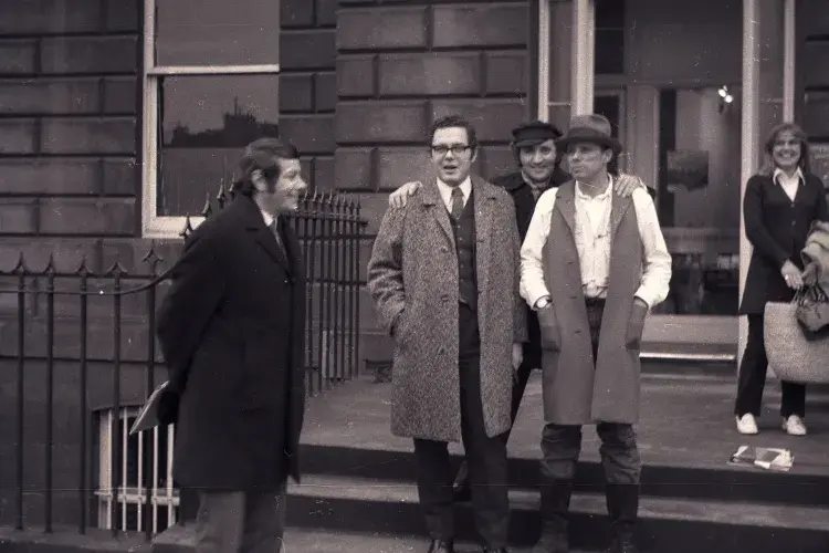 Georg Jappe, Karl Ruhrberg, Richard Demarco, Joseph Beuys, Sally Holman, outside the Richard Demarco Gallery, Edinburgh. 7 May 1970. Photo