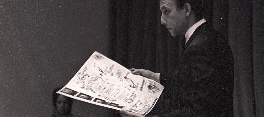 Daniel Spoerri reading from his menu for The Banana Trap Dinner in C.26, the old Boardroom of ECA (23 August 1970). Photo