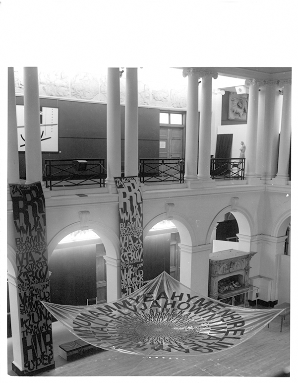 Installation of visual text works by Ferdinand Kriwet in Edinburgh College of Art's Sculpture Court for Strategy: Get Arts