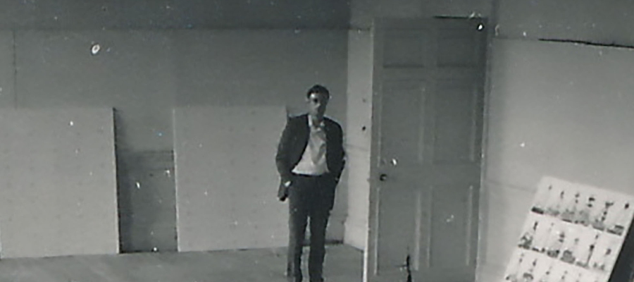 Student helpers and D&uuml;sseldorf SGA curator J&uuml;rgen Harten in front of Sigmar Polke&rsquo;s paintings Solutions I-IV (1969). Photo