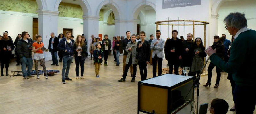 Audience gathered in the Sculpture Gallery for the Confessional Art Exhibition.