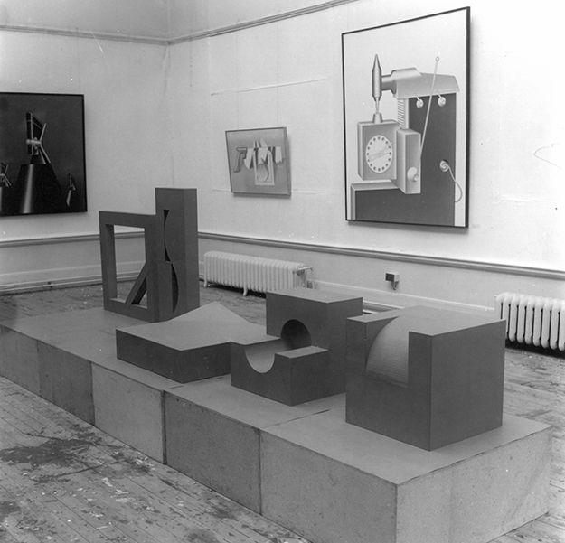 Konrad Klapheck paintings on walls of an ECA studio with Erwin Heerich&rsquo;s construction in the foreground (SGA 1970). Photo